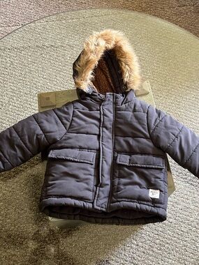 OshKosh B'gosh Navy Blue Toddler Puffer Jacket with Faux Fur Trim